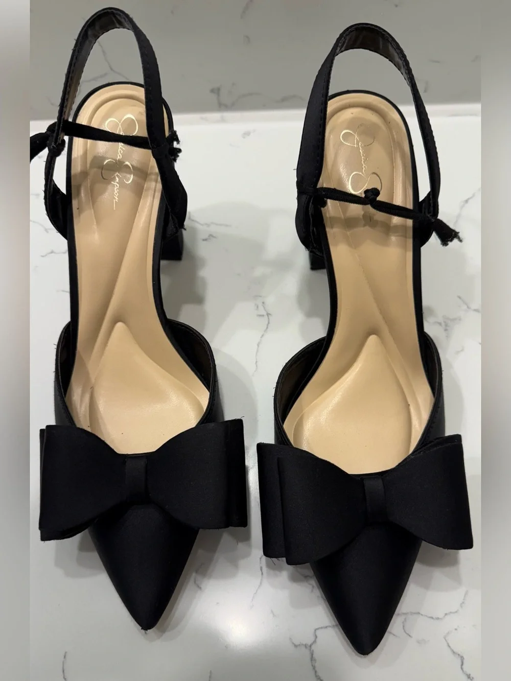 Jessica Simpson Olivine Pointed-Toe Slingback Heels with Bow Black Satin size 10